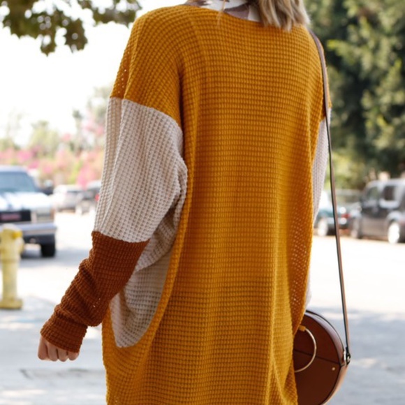 Mustard Leopard Print Color Block Open Front Waffle Cardigan - Picture 2 of 5